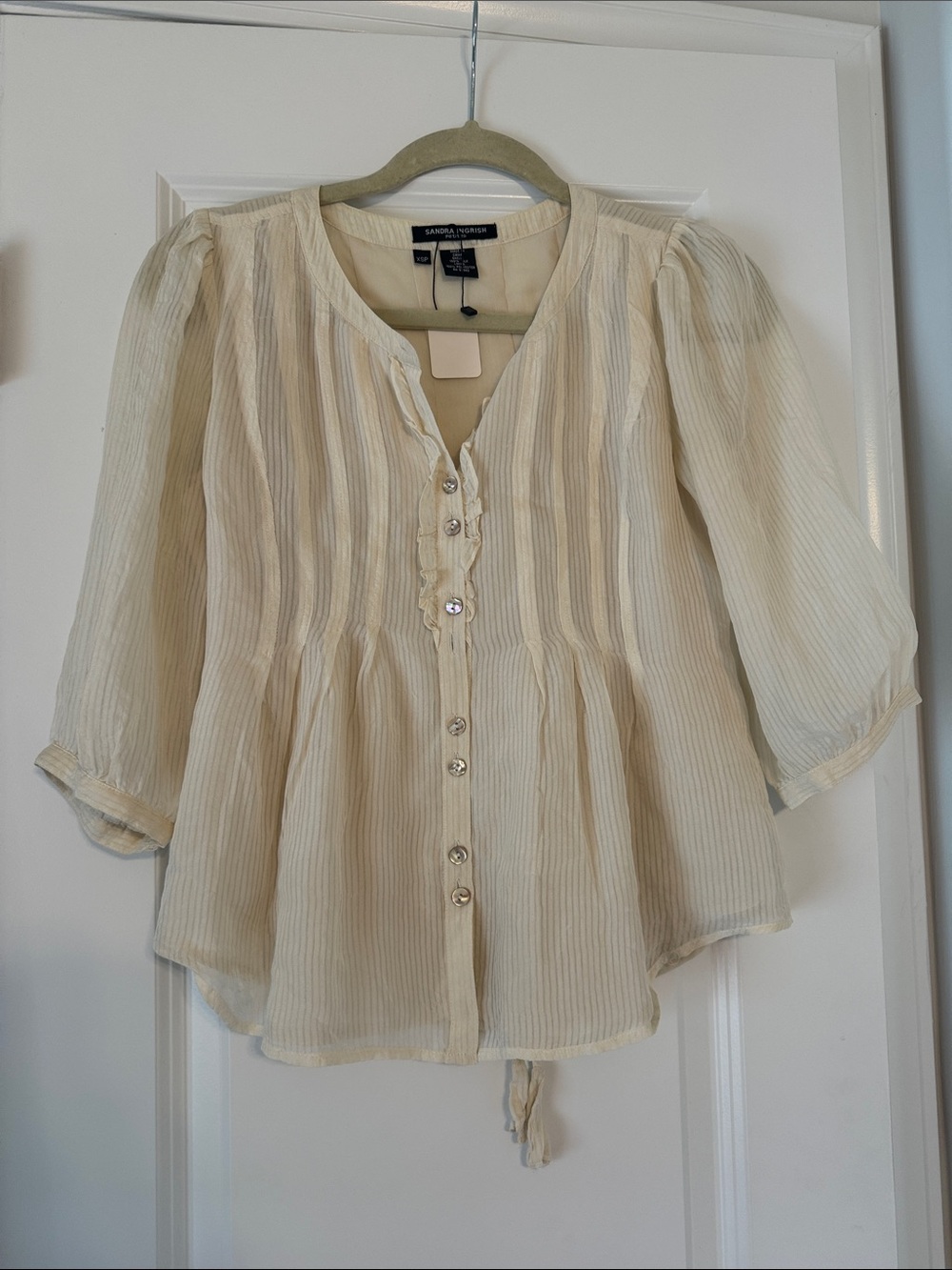 Sandra Darren Cream Sheer Button-Front Peasant Top